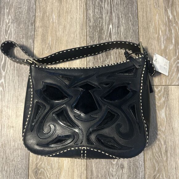 Antonio Melani Black Saffiano Leather Applique Rustic Shoulder Bag Calf Hair